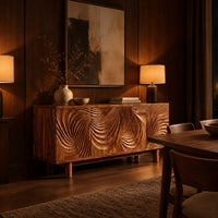 Sideboard with four layered swirl carved panels on sturdy legs in an evening dining room with walnut wall paneling