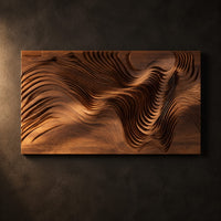 Wide wooden wall art panel with layered carved wave ridges on a dark charcoal plaster wall