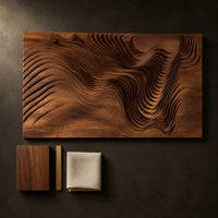 Detail of wide wooden wall art panel with layered carved wave ridges beside wood, brass and linen samples