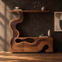 Tv stand with wave carved panels and a rising column holding a shelf, three-quarter view showing the grain