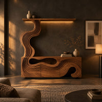 Tv stand with wave carved panels and a rising column holding a shelf in a dark living room at golden hour
