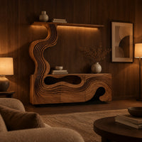 Tv stand with wave carved panels and a rising column holding a shelf in an evening living room with walnut wall paneling