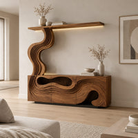 Tv stand with wave carved panels and a rising column holding a shelf in a Scandinavian living room with white walls