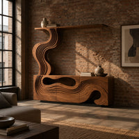 Tv stand with wave carved panels and a rising column holding a shelf in an industrial loft living room with exposed brick