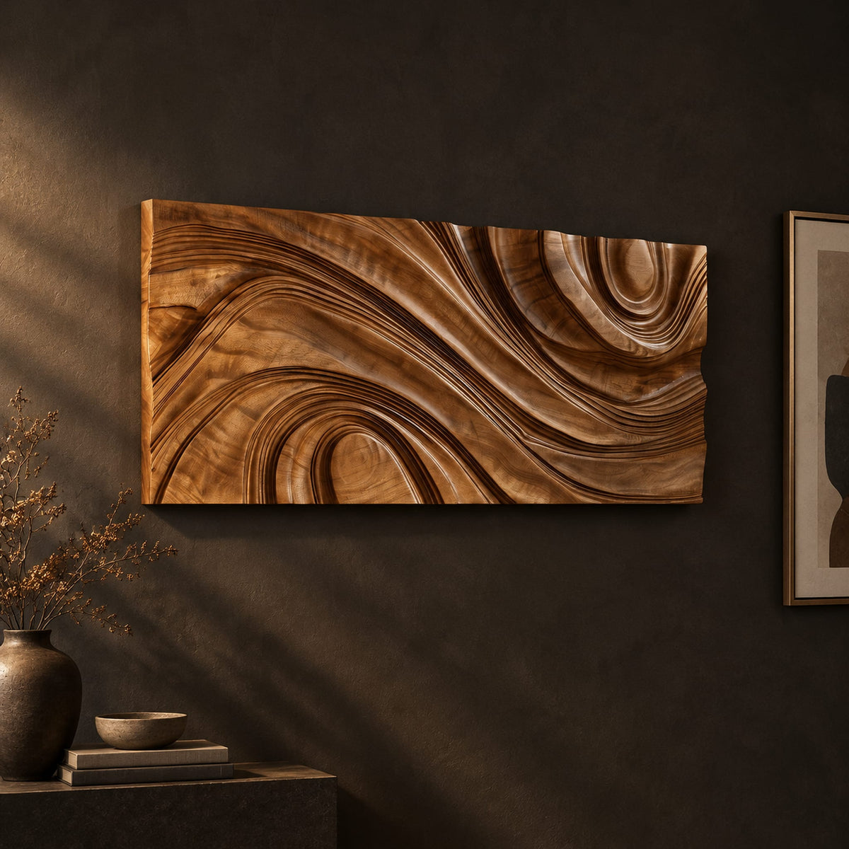 Wooden wall relief with layered sweeping arcs ending in a spiral on a dark charcoal plaster wall