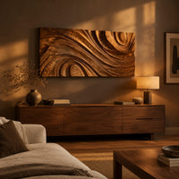 Wooden wall relief with layered sweeping arcs ending in a spiral above a low console in an evening living room