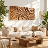 Wooden wall relief with layered sweeping arcs ending in a spiral in a bright sunroom with green plants