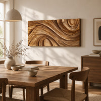 Wooden wall relief with layered sweeping arcs ending in a spiral beside a dining table in natural light