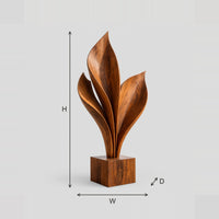 Leaf Blade Wood Sculpture On A Square Block Base dimension diagram with width, height and depth