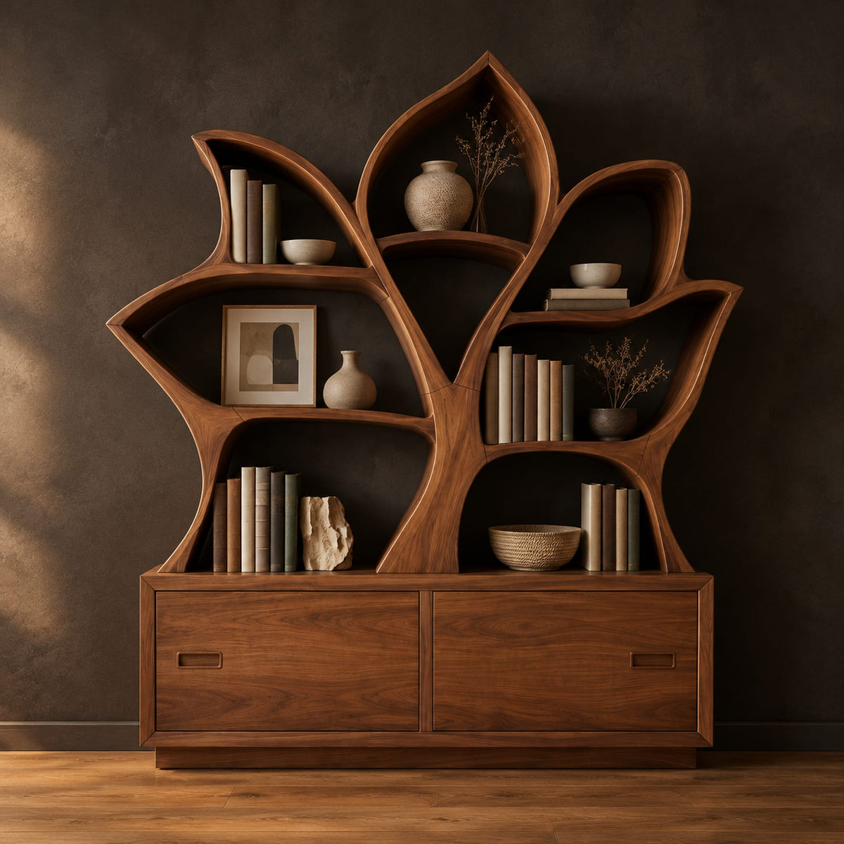 Leaf shaped bookshelf with branching shelves above a low cabinet in a dark studio against a charcoal plaster wall