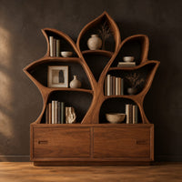 Leaf shaped bookshelf with branching shelves above a low cabinet in a dark studio against a charcoal plaster wall