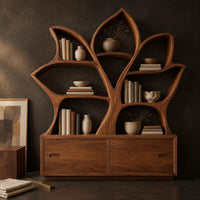 Corner detail of leaf shaped bookshelf with branching shelves above a low cabinet beside wood, brass and linen samples