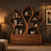 Leaf shaped bookshelf with branching shelves above a low cabinet in a dark living room at golden hour