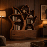 Leaf shaped bookshelf with branching shelves above a low cabinet in an evening living room with walnut wall paneling