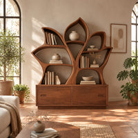 Leaf shaped bookshelf with branching shelves above a low cabinet in a bright living room with arched windows and plants