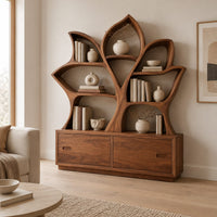 Leaf shaped bookshelf with branching shelves above a low cabinet in a Scandinavian living room with white walls