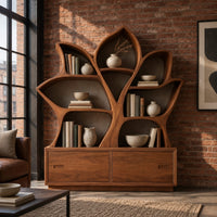 Leaf shaped bookshelf with branching shelves above a low cabinet in an industrial loft living room with exposed brick