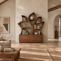 Leaf shaped bookshelf with branching shelves above a low cabinet in a bright open plan living room