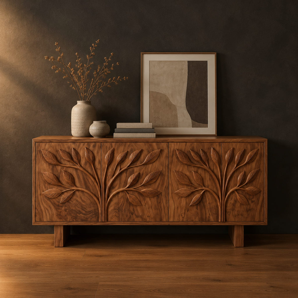 Low sideboard carved with two leafy branch trees across four doors in a dark studio against a charcoal plaster wall
