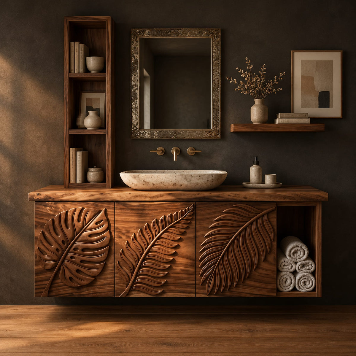 Leaf carved bathroom vanity cabinet with three panels and an open cubby in a dark studio against a charcoal plaster wall