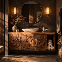 Leaf carved bathroom vanity cabinet with three panels and an open cubby in a dark bathroom at golden hour