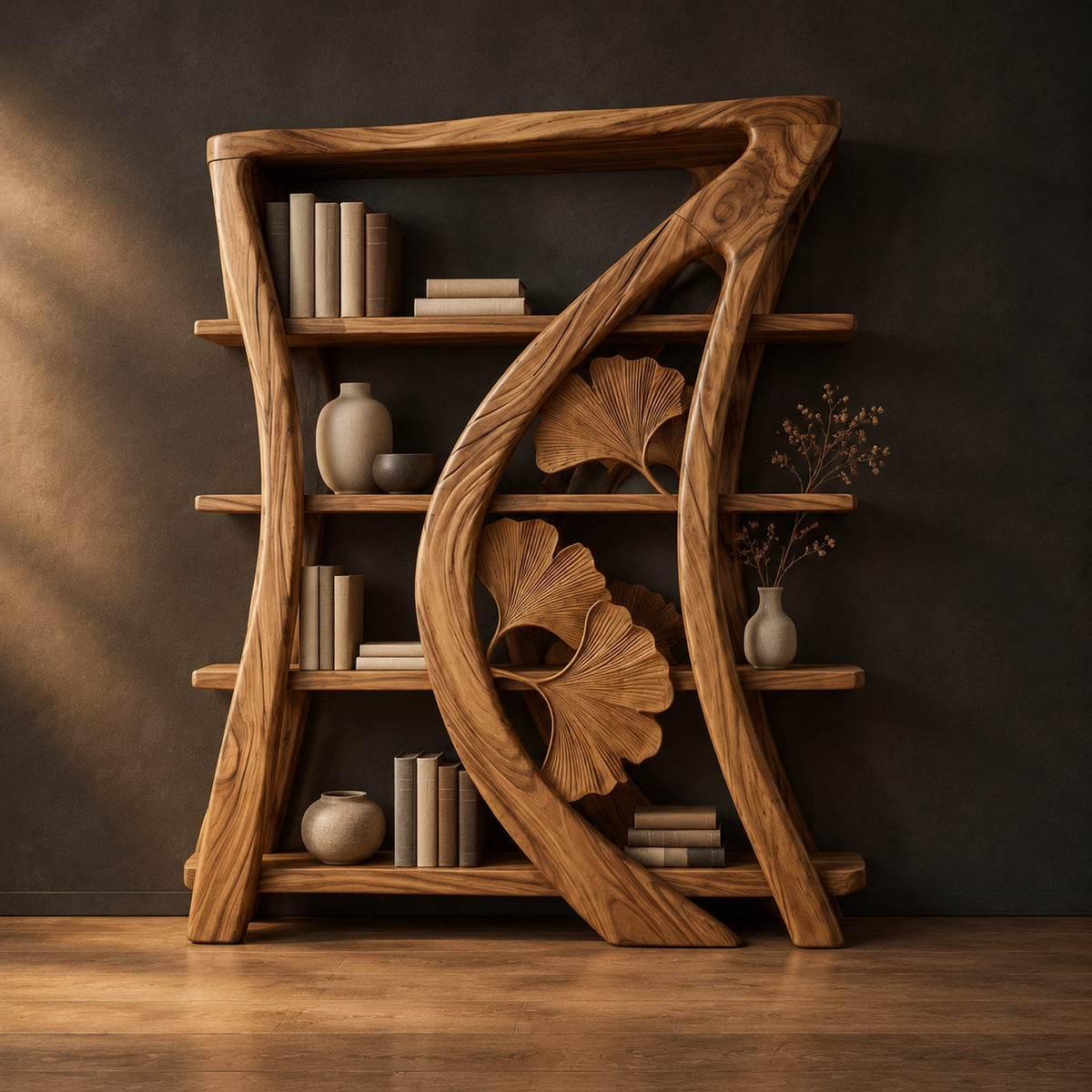 Bookshelf with four shelves and a sweeping rib carved with fan shaped leaves in a dark studio against a charcoal plaster wall