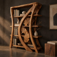 Corner detail of bookshelf with four shelves and a sweeping rib carved with fan shaped leaves beside wood, brass and linen samples