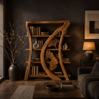 Bookshelf with four shelves and a sweeping rib carved with fan shaped leaves in a dark living room at golden hour