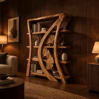 Bookshelf with four shelves and a sweeping rib carved with fan shaped leaves in an evening living room with walnut wall paneling