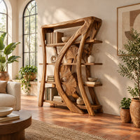 Bookshelf with four shelves and a sweeping rib carved with fan shaped leaves in a bright living room with arched windows and plants