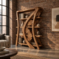 Bookshelf with four shelves and a sweeping rib carved with fan shaped leaves in an industrial loft living room with exposed brick
