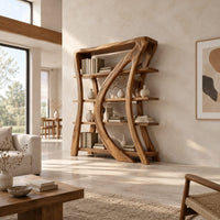 Bookshelf with four shelves and a sweeping rib carved with fan shaped leaves in a bright open plan living room
