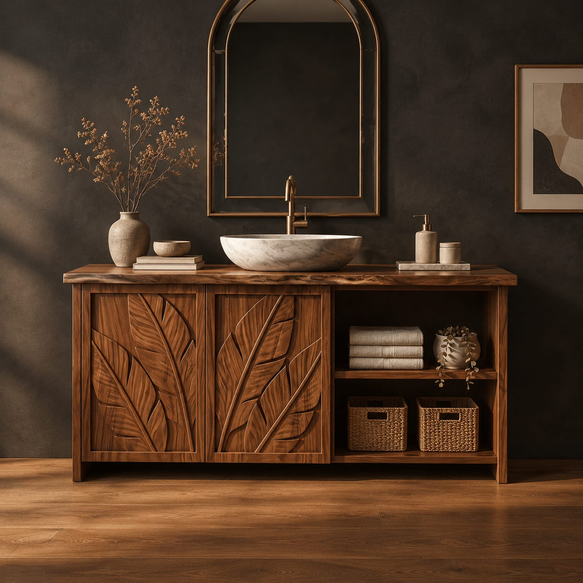Bathroom vanity with leaf carved doors and an open shelf bay beside them in a dark studio against a charcoal plaster wall