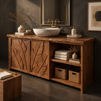Corner detail of bathroom vanity with leaf carved doors and an open shelf bay beside them beside wood, brass and linen samples