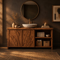 Bathroom vanity with leaf carved doors and an open shelf bay beside them in a dark bathroom at golden hour
