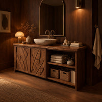 Bathroom vanity with leaf carved doors and an open shelf bay beside them in an evening bathroom with walnut wall paneling