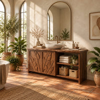 Bathroom vanity with leaf carved doors and an open shelf bay beside them in a bright bathroom with arched windows and plants
