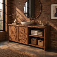 Bathroom vanity with leaf carved doors and an open shelf bay beside them in an industrial loft bathroom with exposed brick