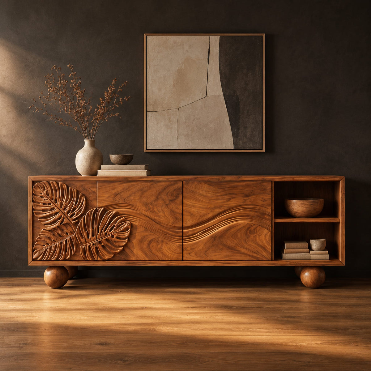 Sideboard with leaf carved doors, ball feet and an open shelf bay in a dark studio against a charcoal plaster wall