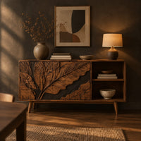 Low sideboard with carved leaf panels, an open shelf section and tapered legs in a dark dining room at golden hour