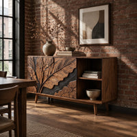 Low sideboard with carved leaf panels, an open shelf section and tapered legs in an industrial loft dining room with exposed brick