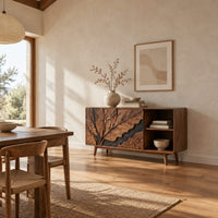 Low sideboard with carved leaf panels, an open shelf section and tapered legs in a bright open plan dining room