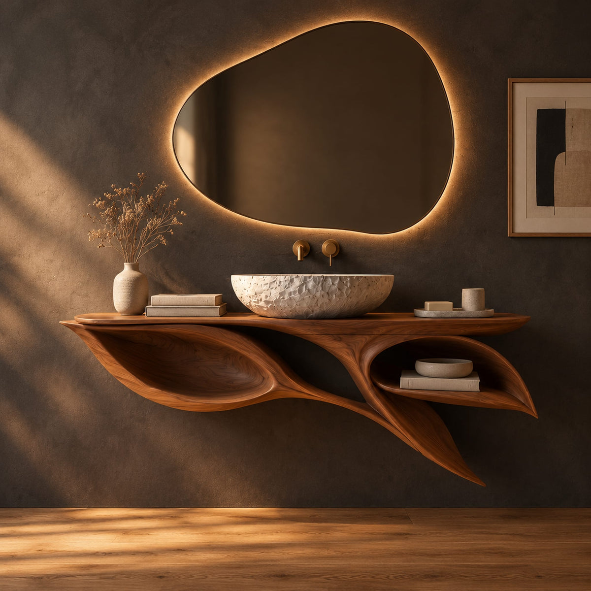 Leaf shaped bathroom vanity cabinet with two open petal niches in a dark studio against a charcoal plaster wall