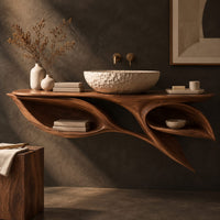 Corner detail of leaf shaped bathroom vanity cabinet with two open petal niches beside wood, brass and linen samples