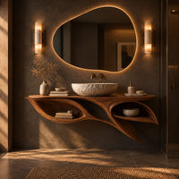 Leaf shaped bathroom vanity cabinet with two open petal niches in a dark bathroom at golden hour