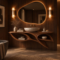 Leaf shaped bathroom vanity cabinet with two open petal niches in an evening bathroom with walnut wall paneling