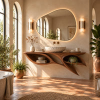 Leaf shaped bathroom vanity cabinet with two open petal niches in a bright bathroom with arched windows and plants