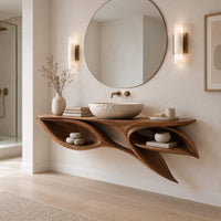 Leaf shaped bathroom vanity cabinet with two open petal niches in a Scandinavian bathroom with white walls