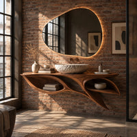 Leaf shaped bathroom vanity cabinet with two open petal niches in an industrial loft bathroom with exposed brick