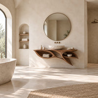 Leaf shaped bathroom vanity cabinet with two open petal niches in a bright open plan bathroom
